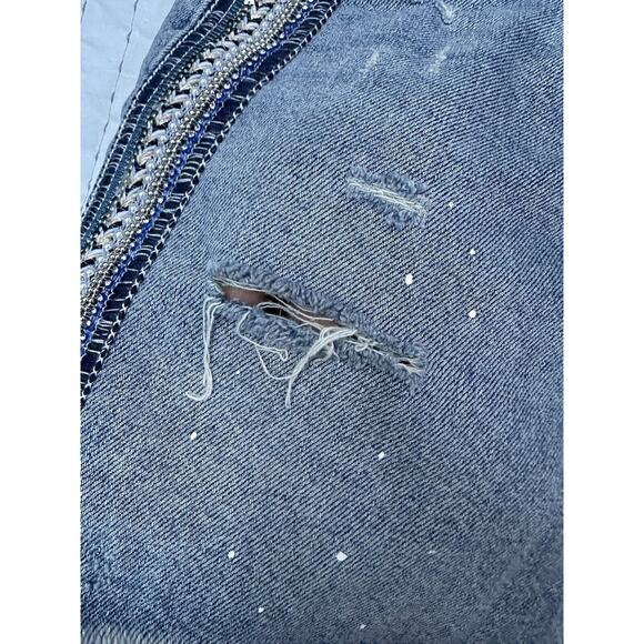 Free People Side Stripe Embellished Beaded Denim Jean Mini Skirt Distressed 8 - Picture 4 of 11